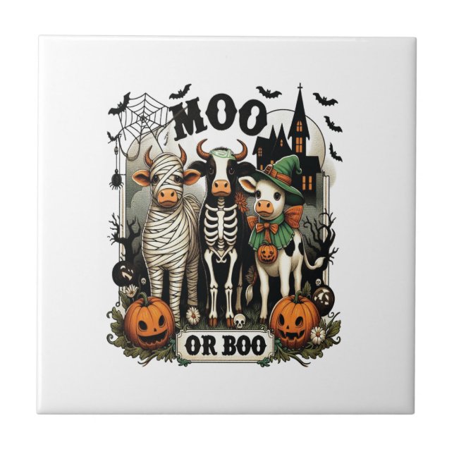 Moo oder Boo Halloween-Kuh Fliese (Vorderseite)