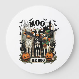 Moo oder Boo Halloween-Kuh Große Wanduhr