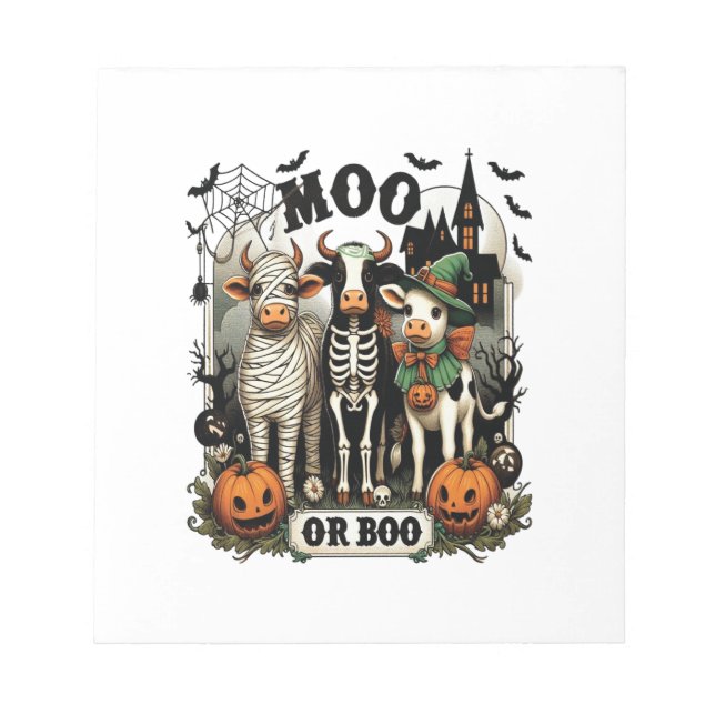 Moo oder Boo Halloween-Kuh Notizblock (Vorderseite)