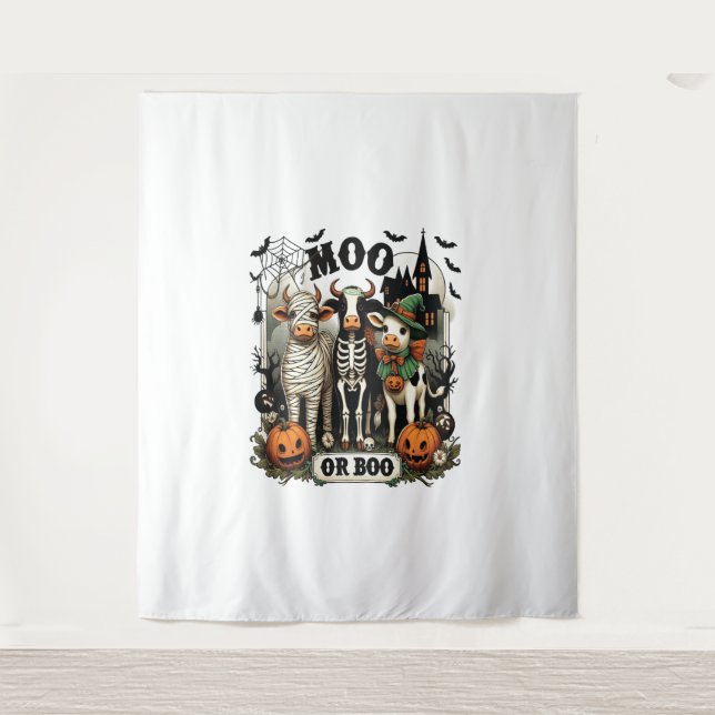 Moo oder Boo Halloween-Kuh Wandteppich (Vorderseite)