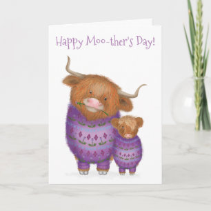 "Moo-ther" & Baby Highland Cow Mutter Day Card Karte