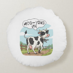 "Moo-ving On" Kuh - Lustiger & Stylischer Bauernho Rundes Kissen
