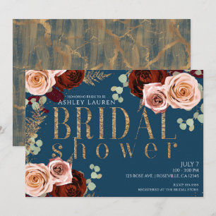 Mood Glam Blau Gold Rosa Rosen Brautparty Einladung