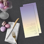 Mood Gradient Wedding Indigo Sunset ID741 Menükarte<br><div class="desc">Der Hintergrund für die Stücke in diesem minimalistischen Set der Hochzeit ist ein auffälliger Farbverlauf von indigo durch pfirsichgelb und schmackhaft gelb. Die Hochzeitskarte bietet ein elegantes, modernes Layout und einen zeitgenössischen serifenlosen Schriftart, der den Charme des Hauses noch verstärkt. Fügen Sie einfach Ihre Menüauswahl, Initialen und das Hochzeitsdatum mit...</div>