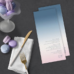 Mood Gradient Wedding Preußen Sky ID741 Menükarte<br><div class="desc">Der Hintergrund für die Stücke in diesem minimalistischen Hochzeitsfest-Set ist ein auffälliger Farbverlauf von prussianisch blau bis weich rosa und weiß. Die Hochzeitskarte bietet ein elegantes, modernes Layout und einen zeitgenössischen serifenlosen Schriftart, der den Charme des Hauses noch verstärkt. Fügen Sie einfach Ihre Menüauswahl, Initialen und das Hochzeitsdatum mit der...</div>