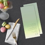 Mood Gradient Wedding Spring Meadow ID741 Menükarte<br><div class="desc">Der Hintergrund für die Stücke in diesem minimalistischen Hochzeitsfest-Set ist ein auffälliger Farbverlauf von sanftem Salbeigrün über schmackhaftes Gelb bis Elfenbein. Die Hochzeitskarte bietet ein elegantes, modernes Layout und einen zeitgenössischen serifenlosen Schriftart, der den Charme des Hauses noch verstärkt. Fügen Sie einfach Ihre Menüauswahl, Initialen und das Hochzeitsdatum mit der...</div>