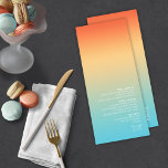 Mood Gradient Wedding Tropical Sky ID741 Menükarte<br><div class="desc">Der Hintergrund für die Stücke in diesem minimalistischen Hochzeitsfest-Set ist ein auffälliger Farbverlauf von Mandarine Orange über Buttergelb bis Türkis. Die Hochzeitskarte bietet ein elegantes, modernes Layout und einen zeitgenössischen serifenlosen Schriftart, der den Charme des Hauses noch verstärkt. Fügen Sie einfach Ihre Menüauswahl, Initialen und das Hochzeitsdatum mit der bereitgestellten...</div>