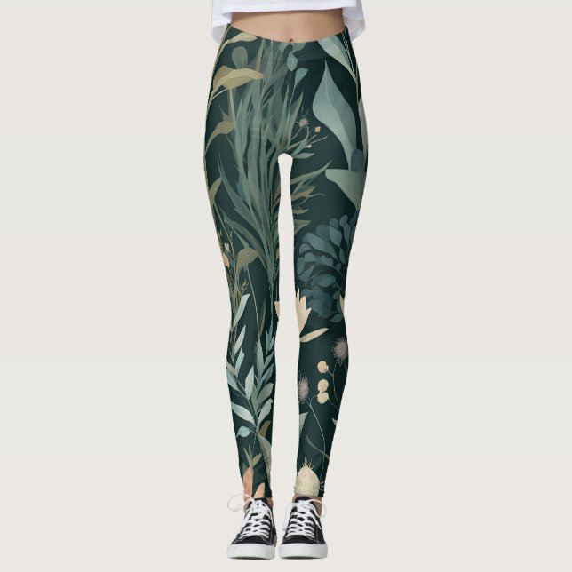 Moodiger Mitternachts-Botanischer-Garten-Blumenmus Leggings (Vorderseite)