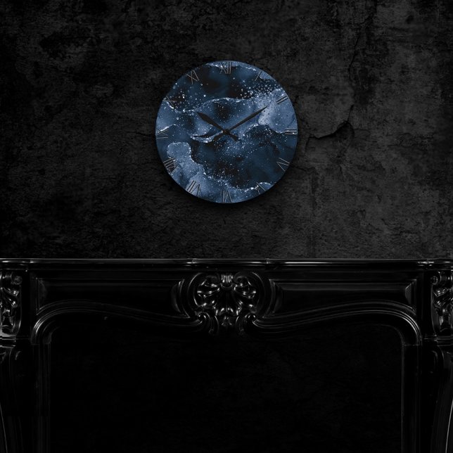 Moody Agate | Navy Denim Steel Blue Imitats Glitze Runde Wanduhr (Von Creator hochgeladen)