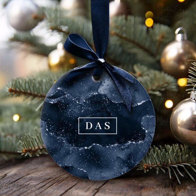 Moody Agate | Navy Denim Steel Blue Monogram Keramik Ornament (Von Creator hochgeladen)