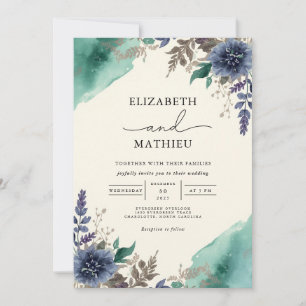Moody Aquamarin Botanical Floral Wedding Einladung