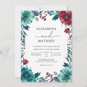 Moody Aquamarin Floral Border Wedding Einladung