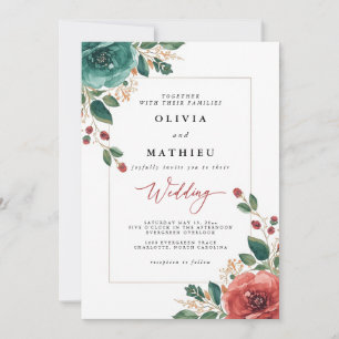 Moody Aquamarin und Red Floral Wedding Einladung