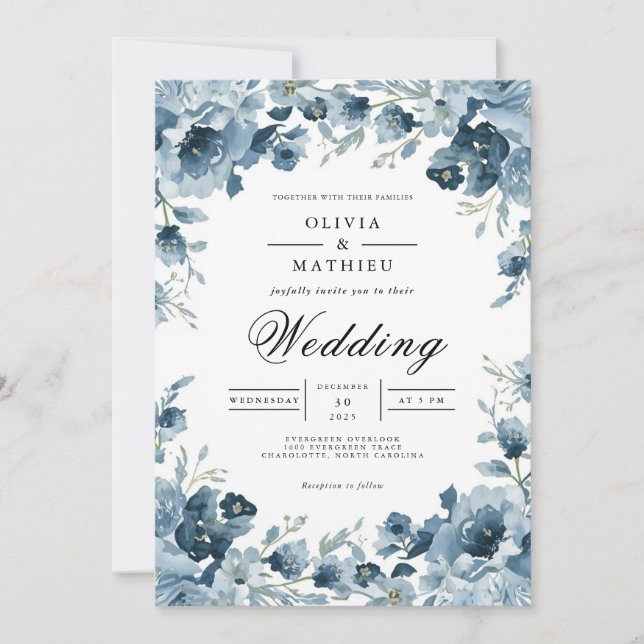 Moody Azure Floral Arch Wedding Einladung (Vorderseite)