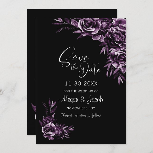 Moody Black and Lila Floral Wedding Save The Date (Vorne/Hinten)