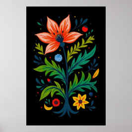 Moody Black Boho Floral Tree Folk Art Poster