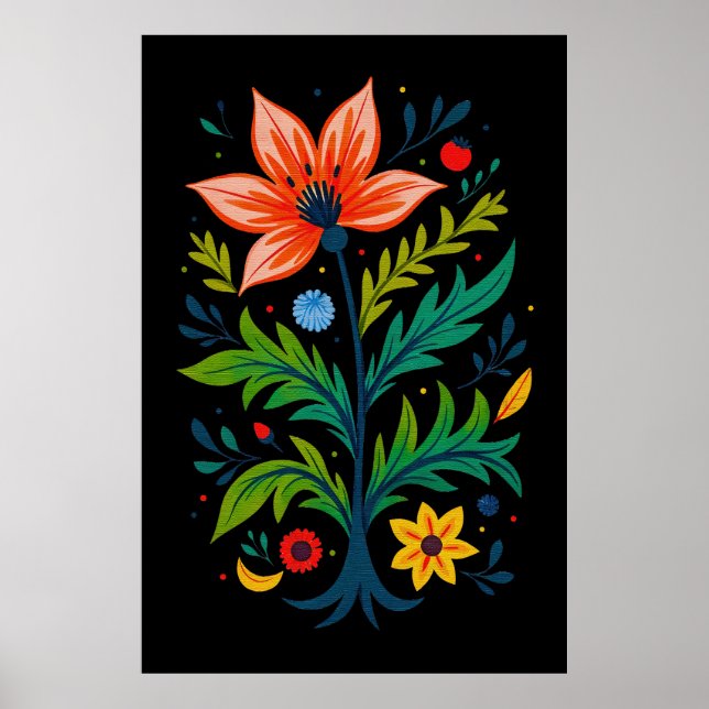 Moody Black Boho Floral Tree Folk Art Poster (Vorne)