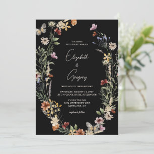 Moody Black Boho Wildblume Wedding Einladung