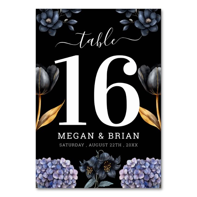 Moody Black Floral Classic Script Floral Wedding Tischnummer (Vorderseite)