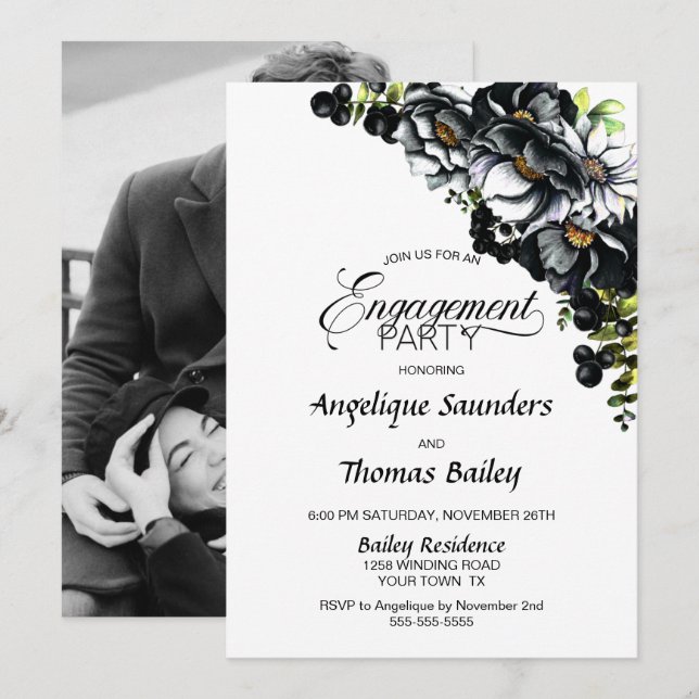 Moody Black Floral Custom Foto Engagement Party Einladung (Vorne/Hinten)