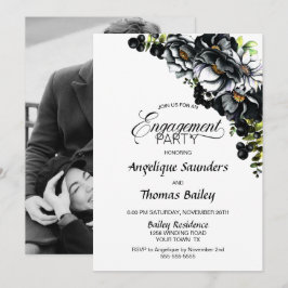 Moody Black Floral Custom Foto Engagement Party Einladung