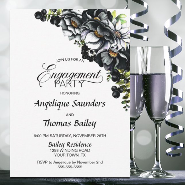 Moody Black Floral Engagement Party Einladung (Von Creator hochgeladen)