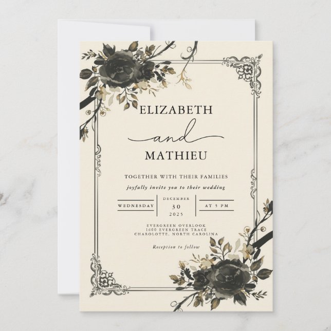 Moody Black Floral Gothic Botanical Wedding Einladung (Vorderseite)