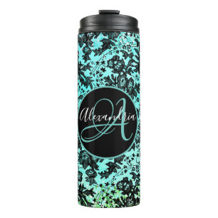 Moody Black Floral on Pink Monogram Thermosbecher