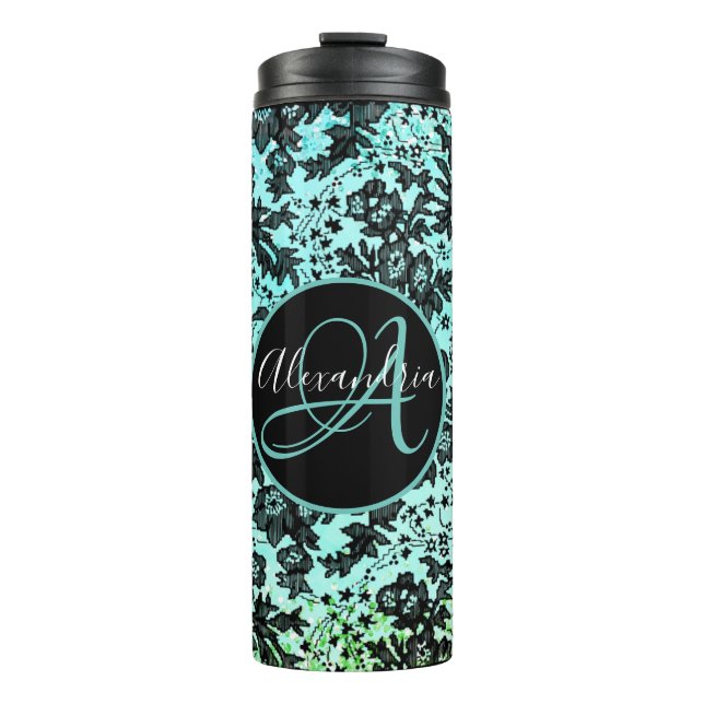 Moody Black Floral on Pink Monogram Thermosbecher (Vorderseite)