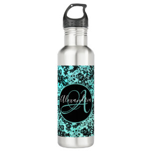 Moody Black Floral on Turquoise Monogram Edelstahlflasche