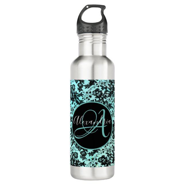 Moody Black Floral on Turquoise Monogram Edelstahlflasche (Vorderseite)