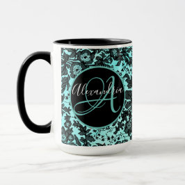 Moody Black Floral on Turquoise Monogram Tasse