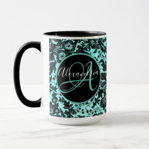 Moody Black Floral on Turquoise Monogram Tasse