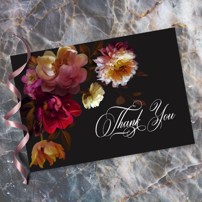 Moody Black Floral Painterly Red Burgundy Wedding Dankeskarte (Moody Black Floral Painterly Red Burgundy Wedding Thank You Card)
