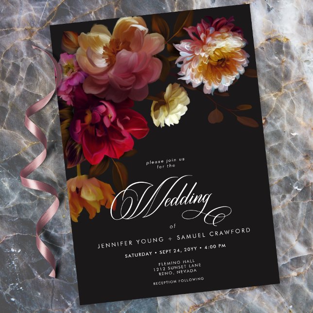 Moody Black Floral Painterly Red Burgundy Wedding Einladung (Moody Black Floral Painterly Red Burgundy Wedding Invitation)