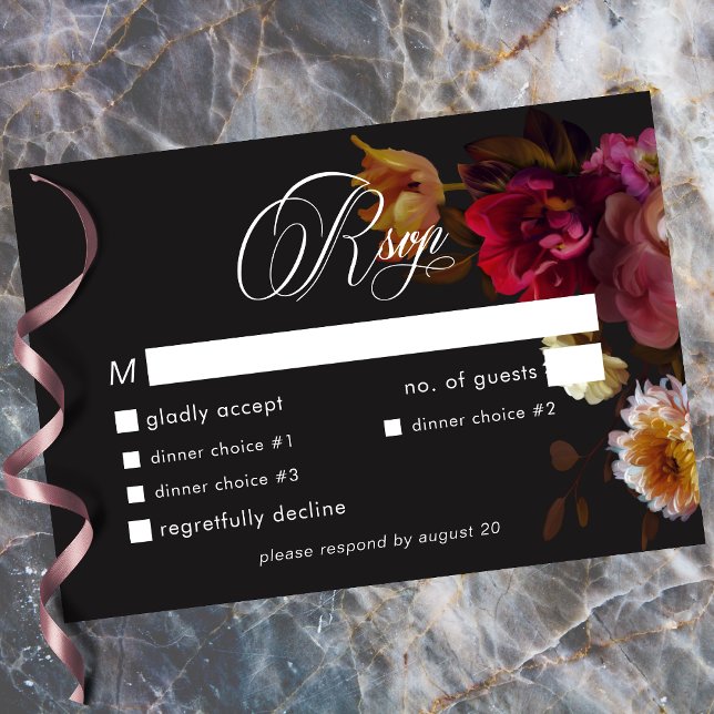Moody Black Floral Painterly Red Burgundy Wedding RSVP Karte (Moody Black Floral Painterly Red Burgundy Wedding RSVP Card)