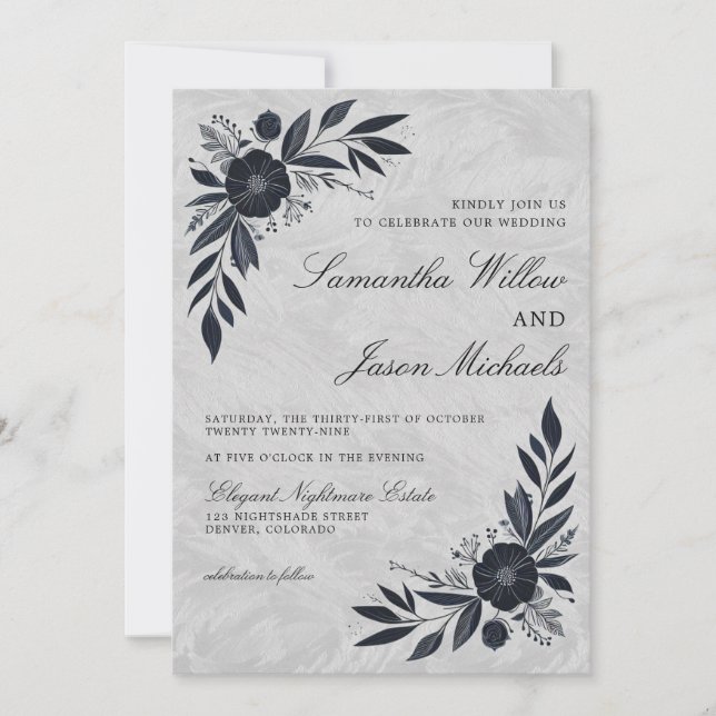 Moody Black Floral Wedding Einladung (Vorderseite)