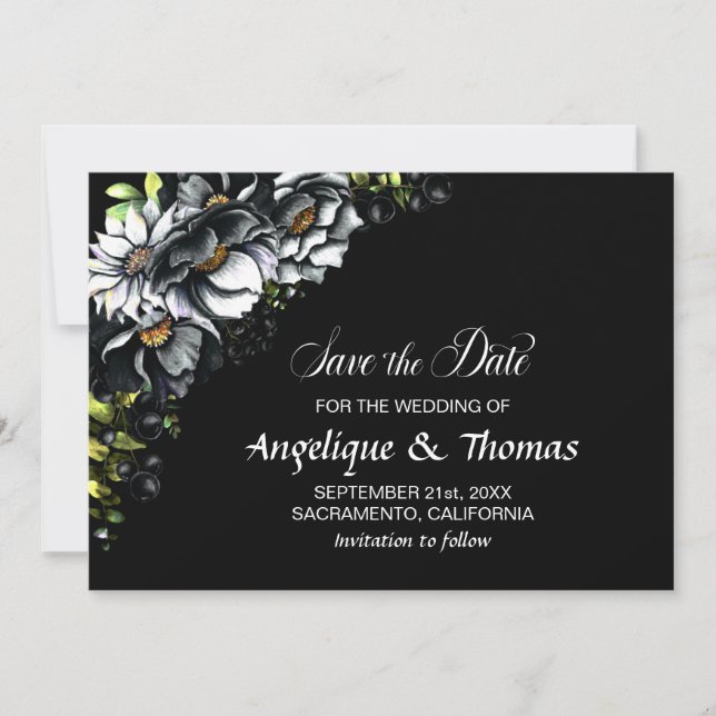 Moody Black Floral Wedding Save The Date (Vorderseite)