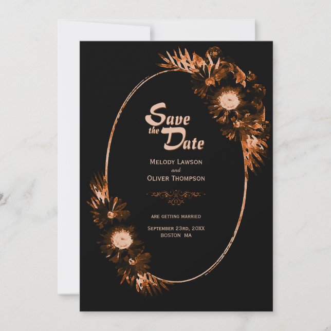 Moody Black mit Burnt Orange Floral Wedding Save The Date (Vorderseite)