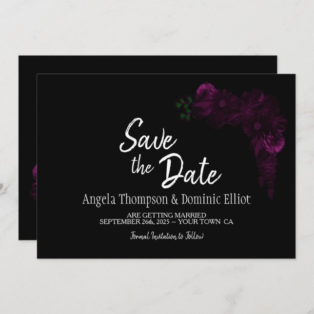 Moody Black mit Pink Floral Wedding Save the Date (Vorne/Hinten)