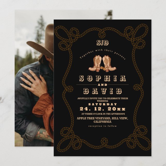 Moody Black Rustic Western Wedding  Einladung (Vorne/Hinten)