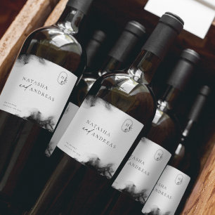 Moody Black Watercolor Minimalistisch Wedding Weinetikett