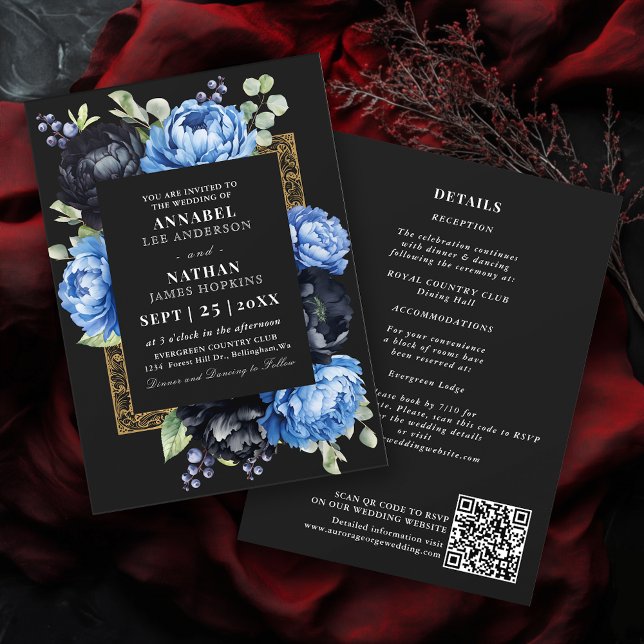 Moody Blue Black Elegant Floral Wedding QR Code Einladung (Von Creator hochgeladen)