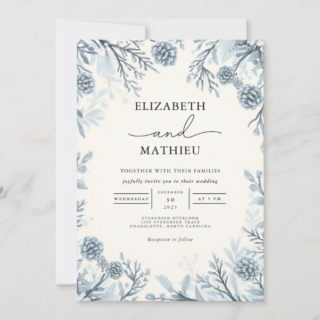 Moody Blue Botanical Blüh Wedding Einladung (Vorderseite)