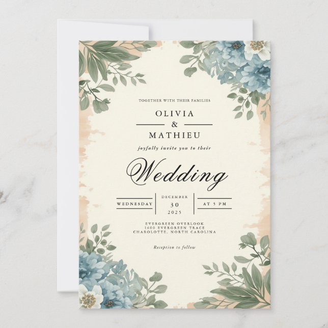 Moody Blue Botanical Romance Wedding Einladung (Vorderseite)