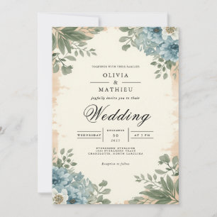 Moody Blue Botanical Romance Wedding Einladung