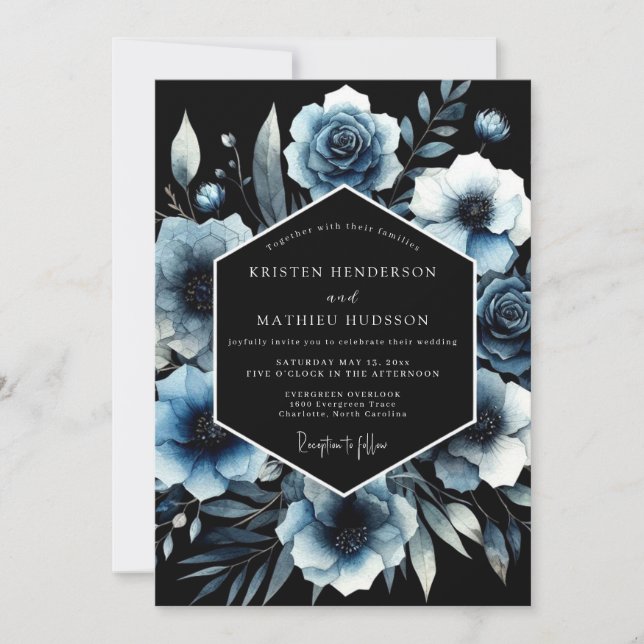 Moody Blue Floral Arch Wedding Einladung (Vorderseite)