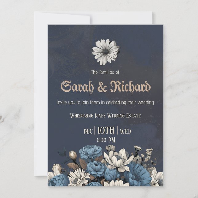Moody Blue Floral Custom Foto Wedding Einladung (Vorderseite)