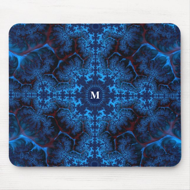 Moody Blue Fraktal Filigree mit Ihrem Monogramm Mousepad (Vorne)