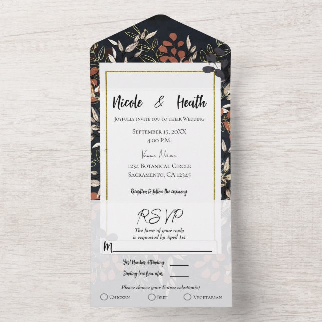 Moody Blue Gold Bold Botanische Blätter Hochzeit All In One Einladung (Innen Boden)
